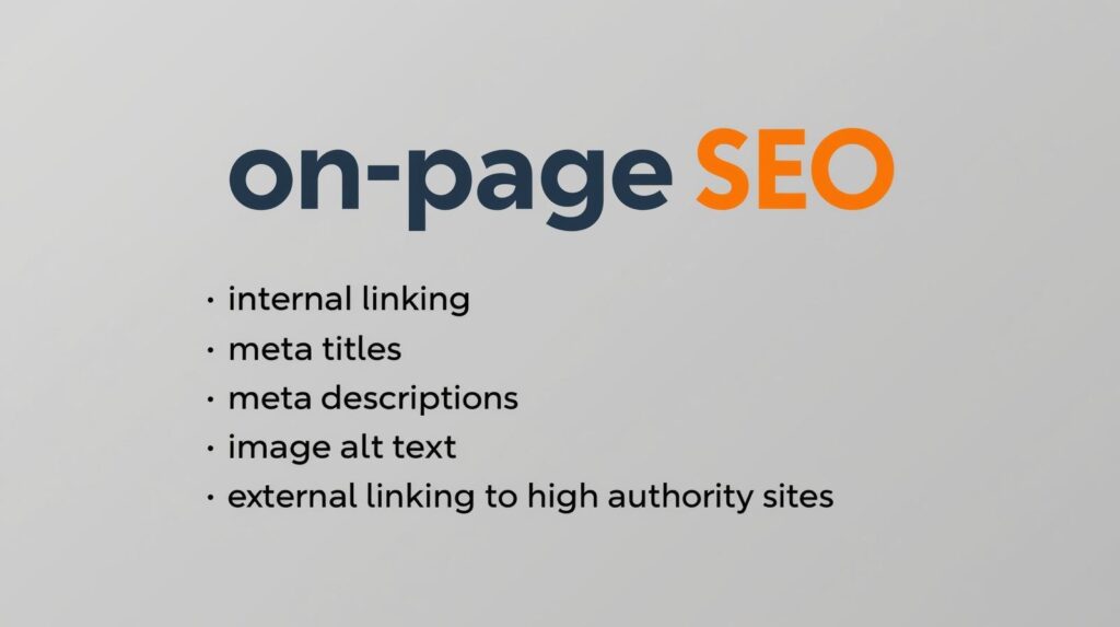 on-page seo strategies: internal linking, meta titles, meta descriptions, image alt text, external linking